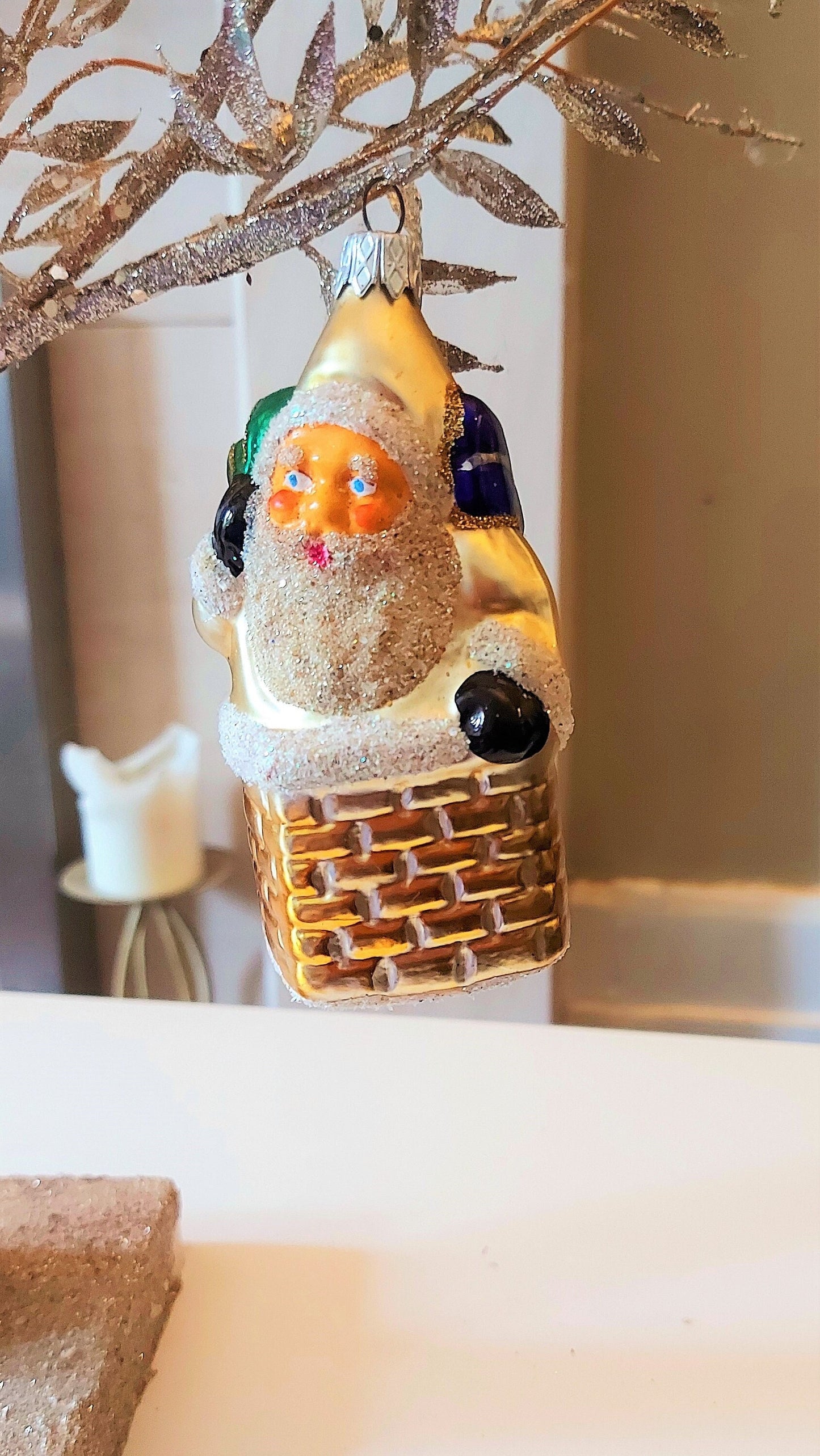 Vintage Czech Republic, Glass Blown, Hand Painted Christmas Tree Ornament - Large Santa in Chimney