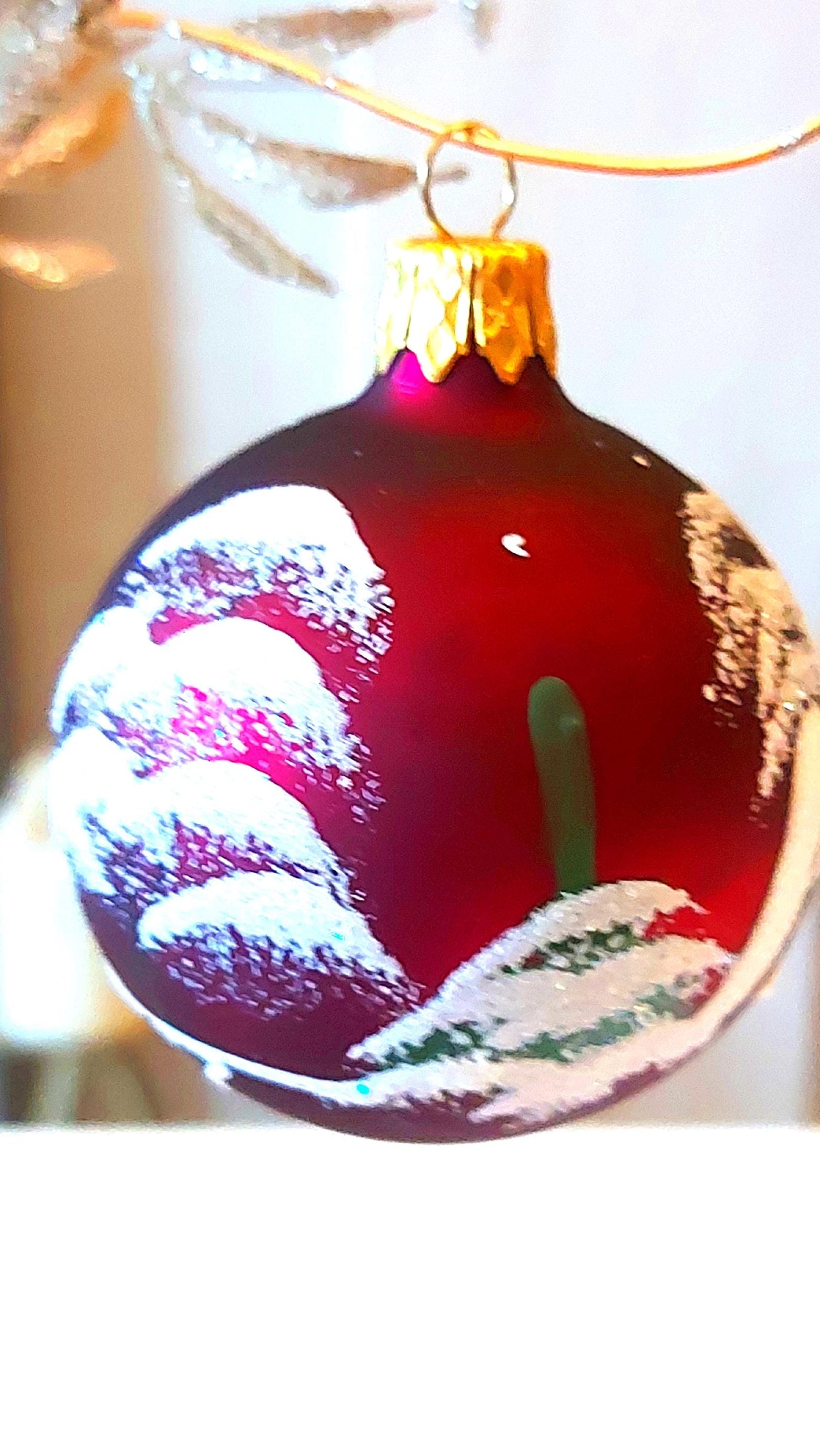 Vintage Czech Glass Christmas Ornament: Hand-Painted Maroon Small Ball