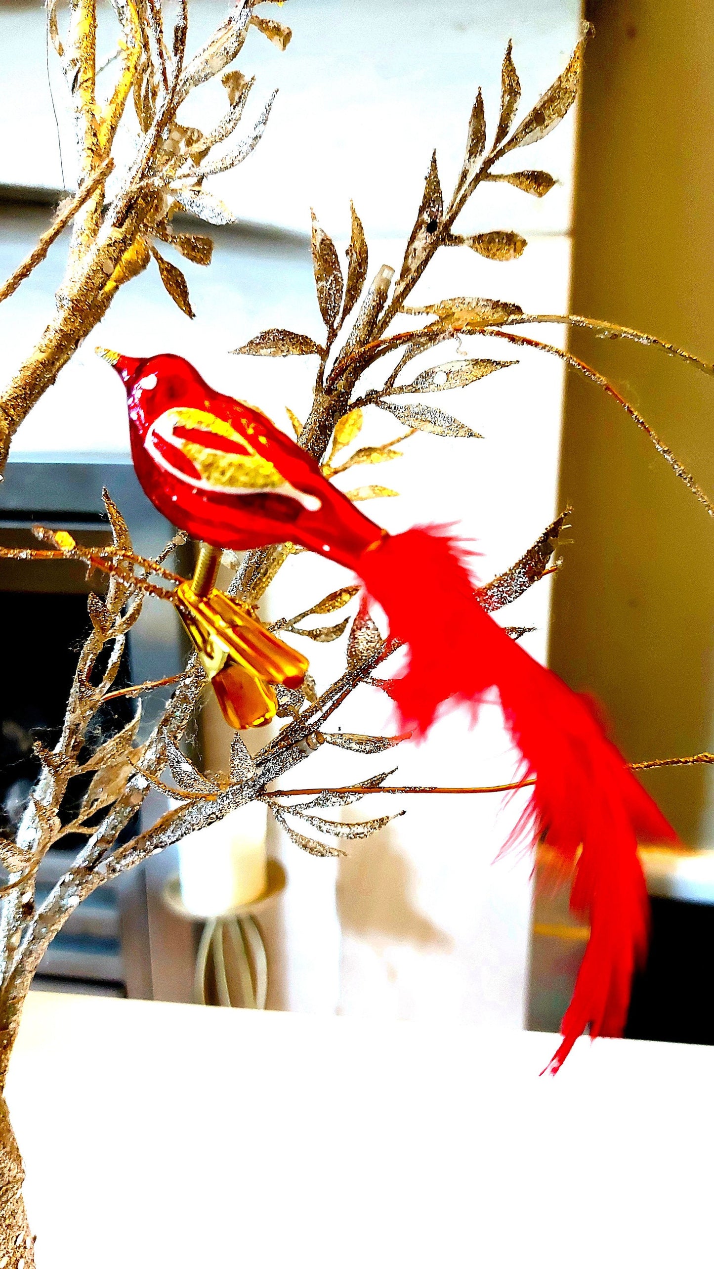 Vintage Czech Republic, Glass Blown, Hand Painted Christmas Tree Ornament - small bird with clip