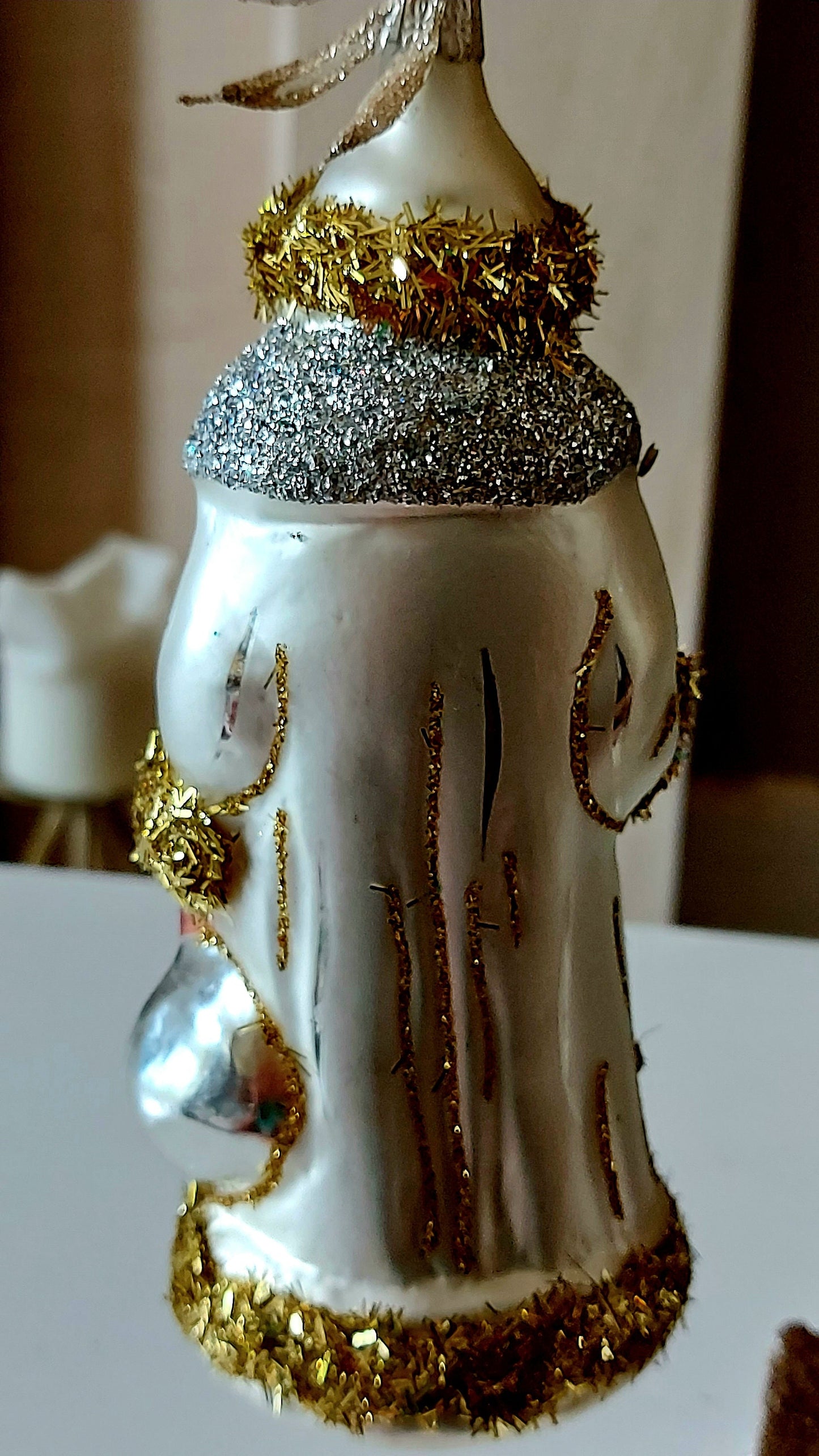 Vintage Czech Republic, Glass Blown, Hand Painted Christmas Tree Ornament - Large Santa Silver/Gold