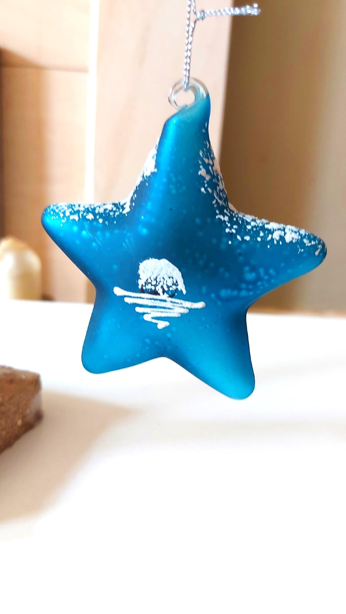 Vintage Czech Glass Christmas Ornament: Hand-Painted Blue Star, House Motif