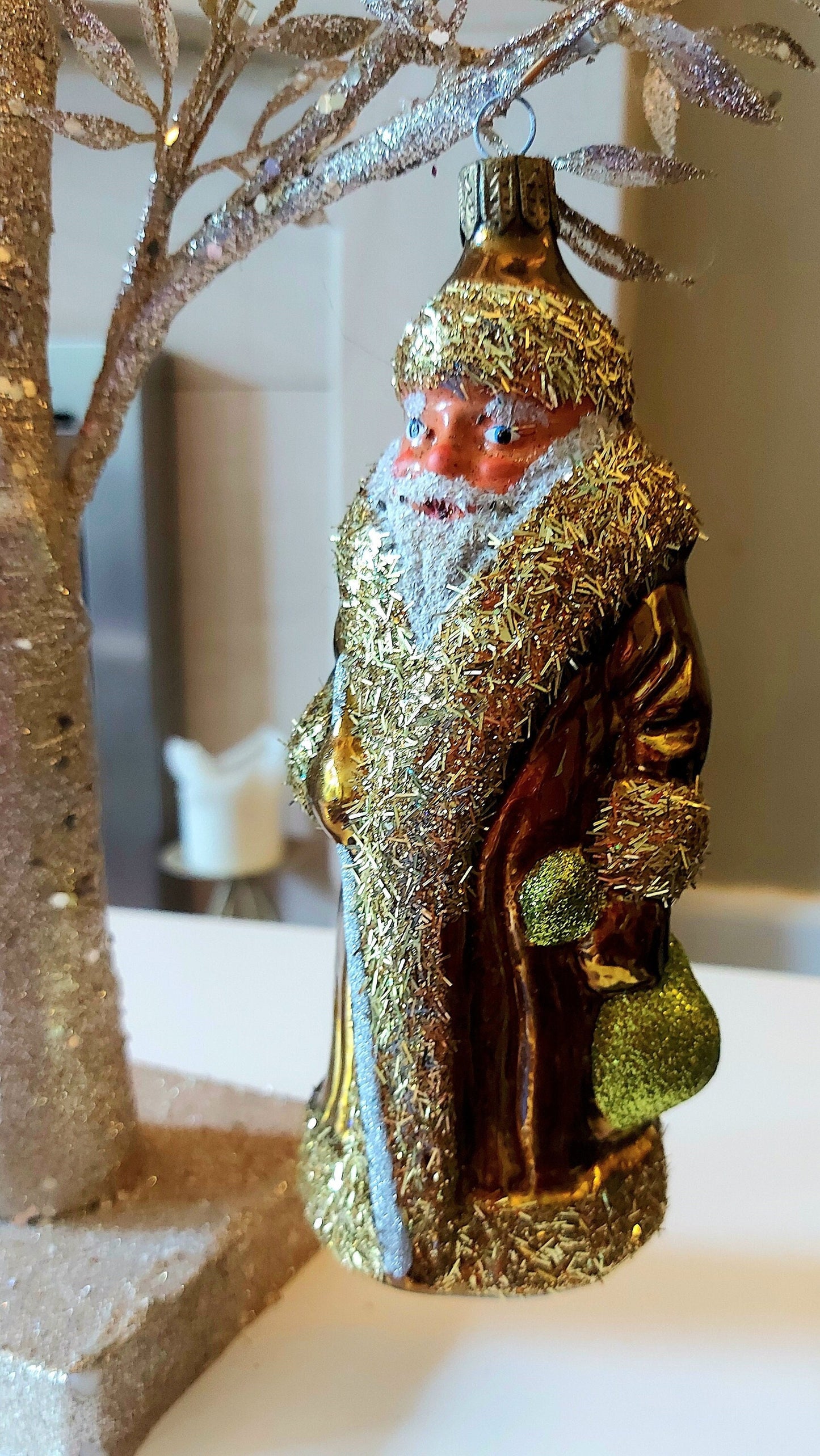 Vintage Czech Republic, Glass Blown, Hand Painted Christmas Tree Ornament - Large Santa Gold