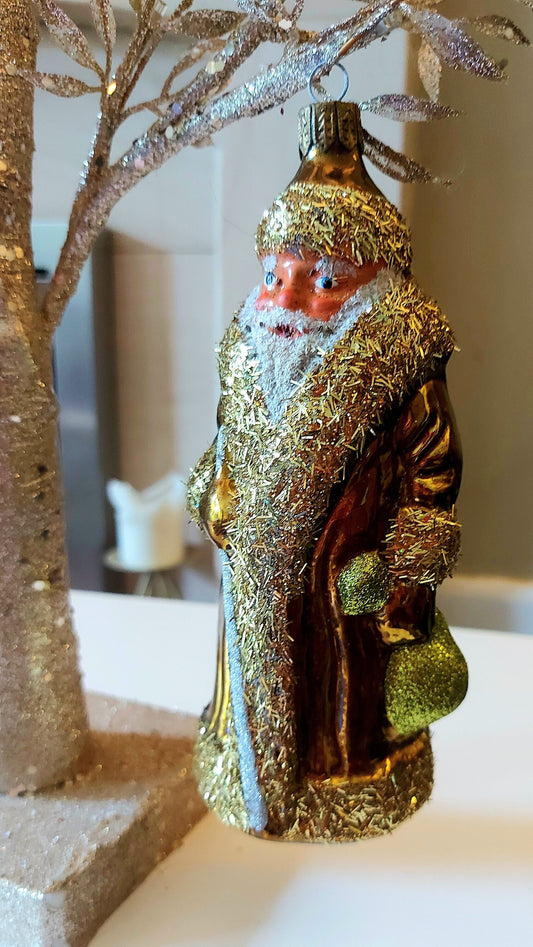 Vintage Czech Republic, Glass Blown, Hand Painted Christmas Tree Ornament - Large Santa Gold