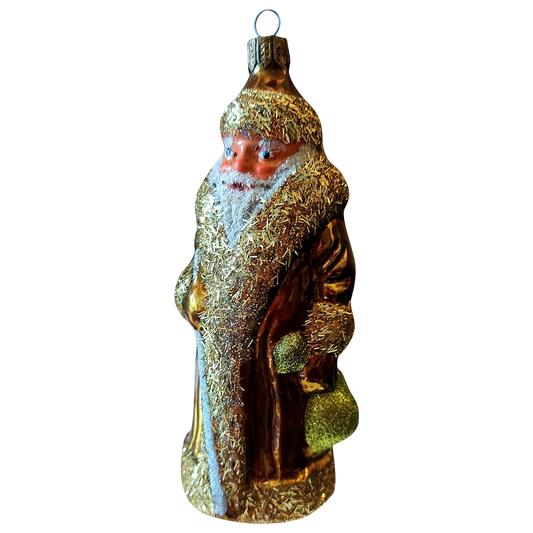 Czech Republic, Glass Blown, Hand Painted Christmas Tree Ornament - Large Santa Gold