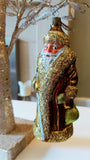 Vintage Czech Republic, Glass Blown, Hand Painted Christmas Tree Ornament - Large Santa Gold