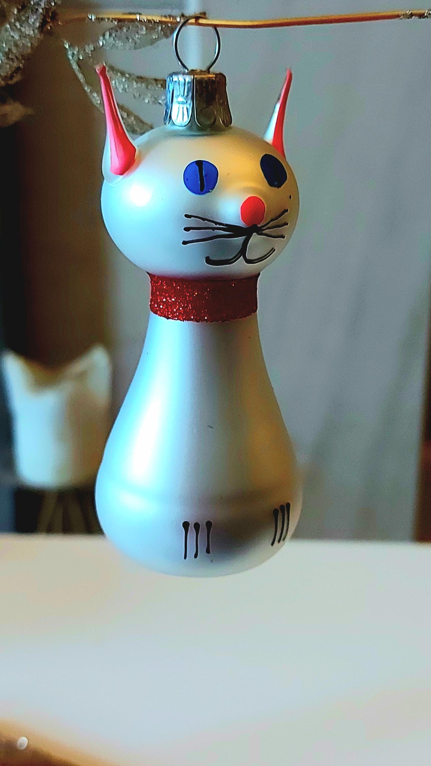Vintage Czech Republic, Glass Blown, Hand Painted Christmas Tree Ornament - Silver Cat