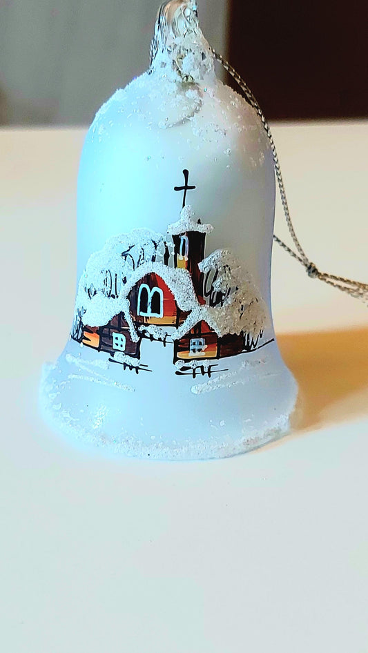 Vintage Czech Glass Bell Ornament: Hand-Painted Winter Village