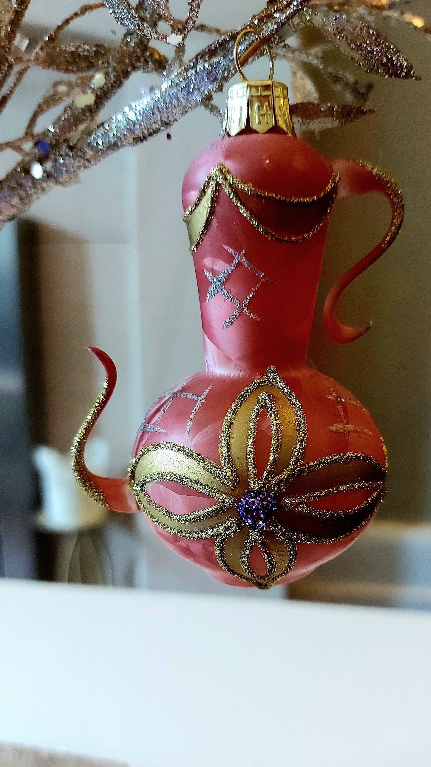 Vintage Czech Republic, Glass Blown, Hand Painted Christmas Tree Ornament - Genie Lamp Pink