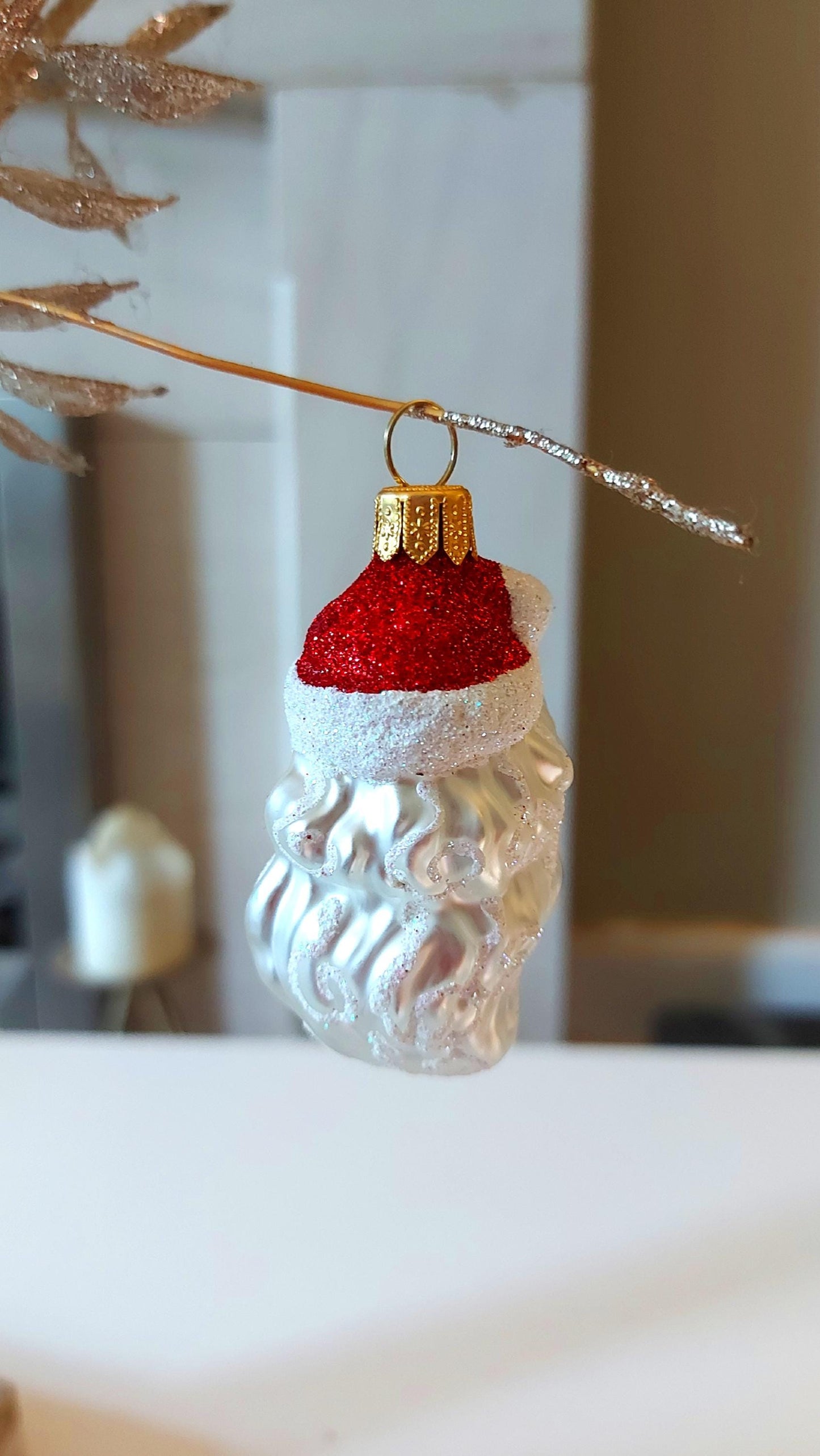 Vintage Czech Republic, Glass Blown, Hand Painted Christmas Tree Ornament - Santa Head