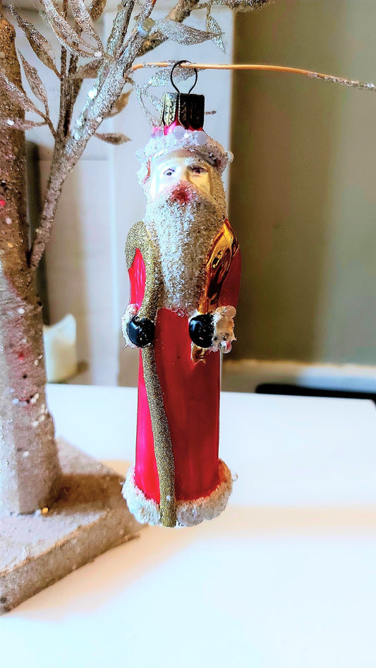 Vintage Czech Republic, Glass Blown, Hand Painted Christmas Tree Ornament - Thin Santa Red