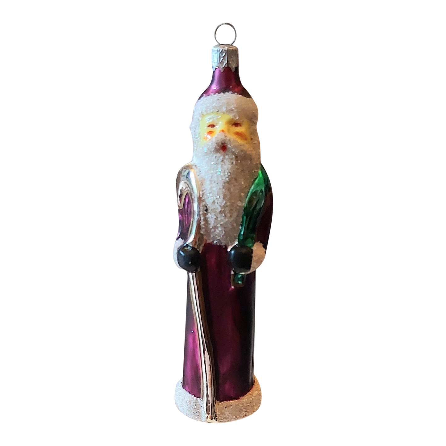 Czech Republic, Glass Blown, Hand Painted Christmas Tree Ornament - Thin Santa Purple