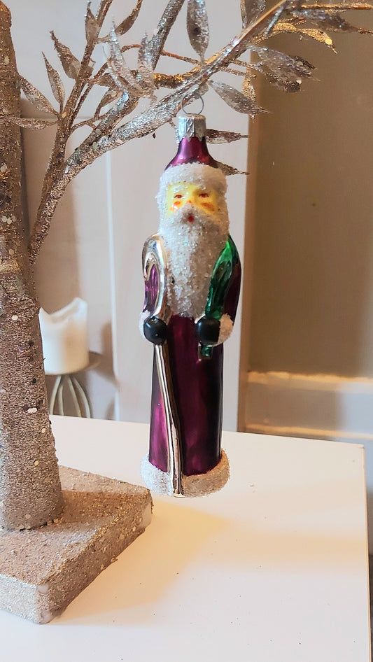 Vintage Czech Republic, Glass Blown, Hand Painted Christmas Tree Ornament - Thin Santa Purple