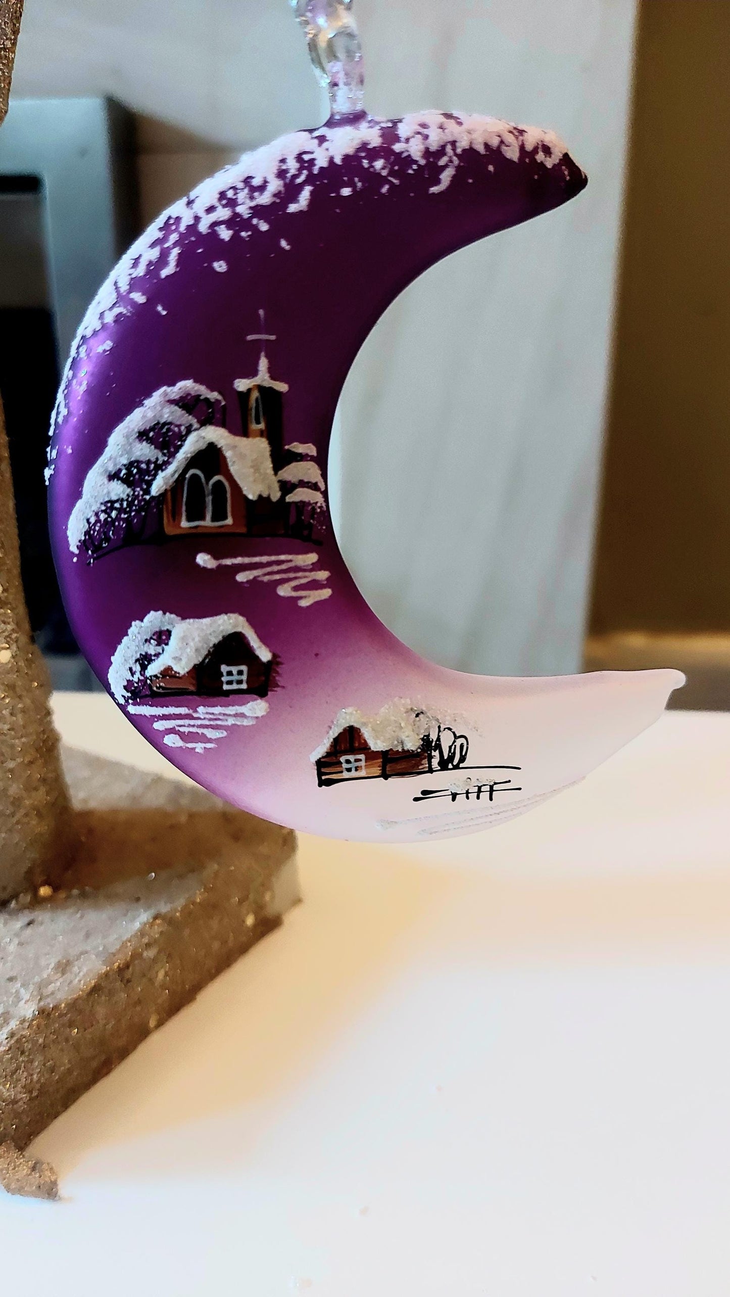 Vintage Czech Glass Christmas Ornament: Hand-Painted Purple Half Moon
