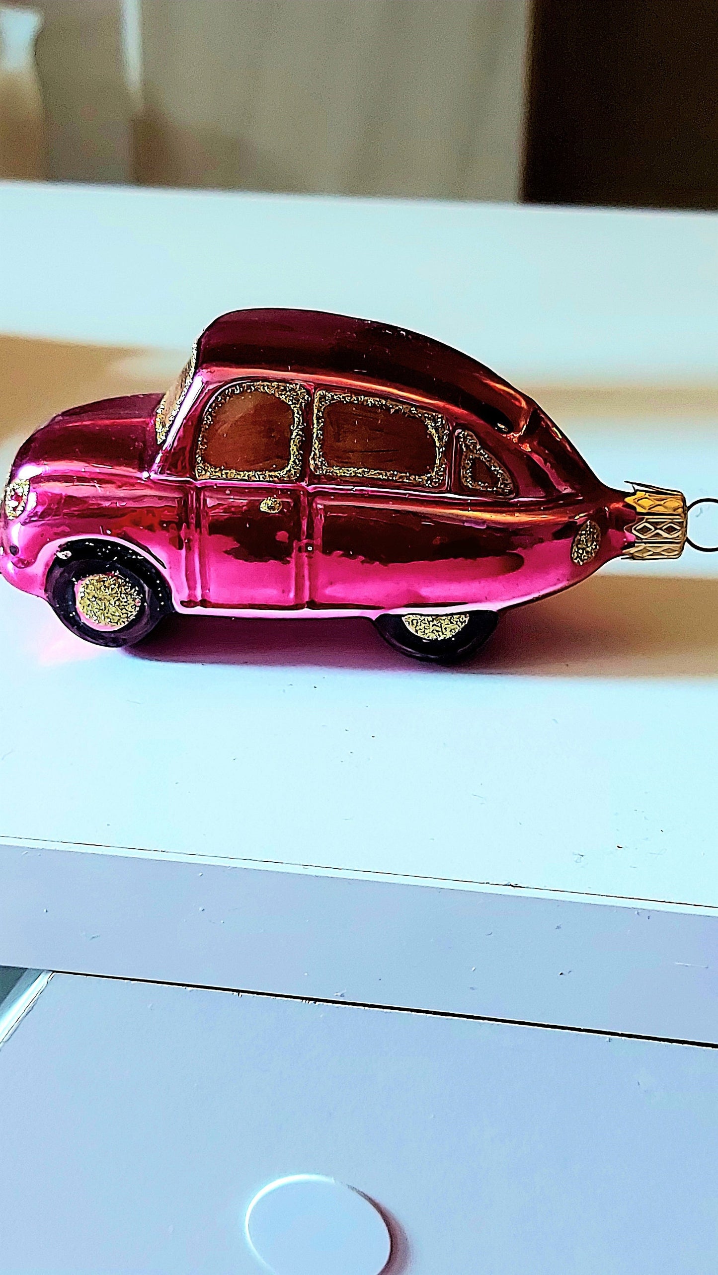 Vintage Czech Republic, Glass Blown, Hand Painted Christmas Tree Ornament - Car