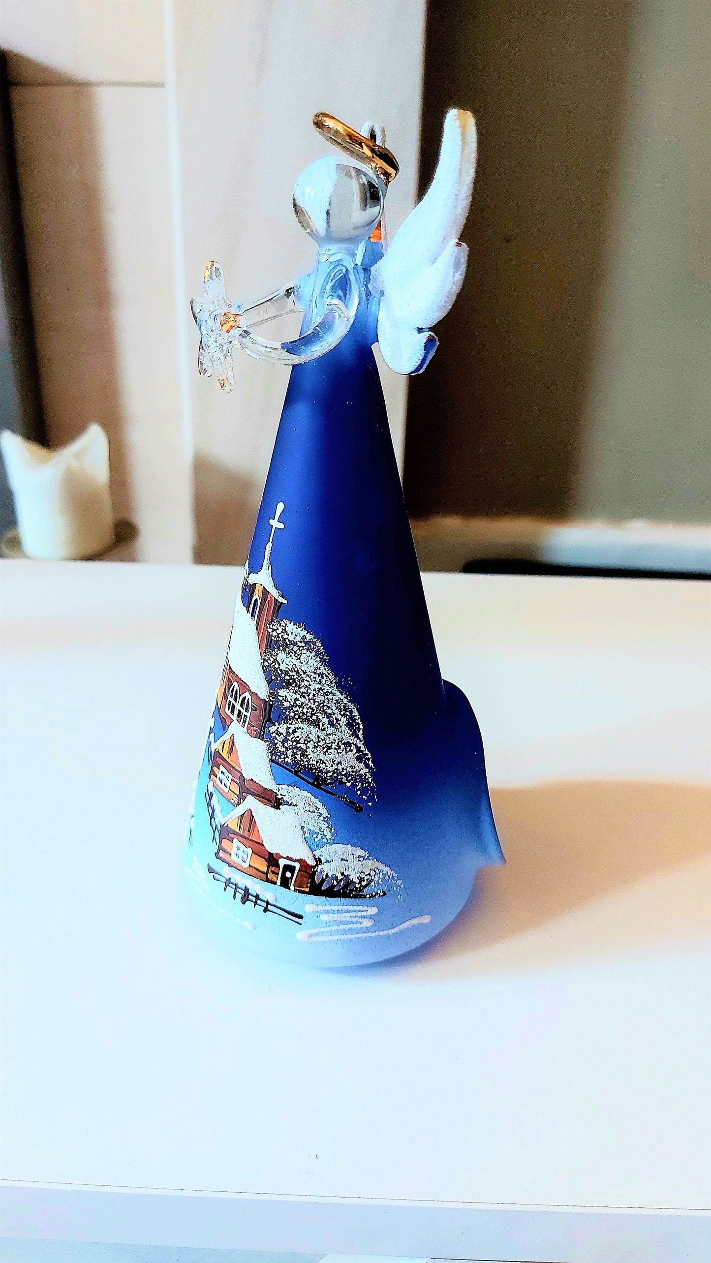 Vintage Czech Glass Angel Christmas Ornament: Hand-Painted Winter Village Candle Holder (Blue)