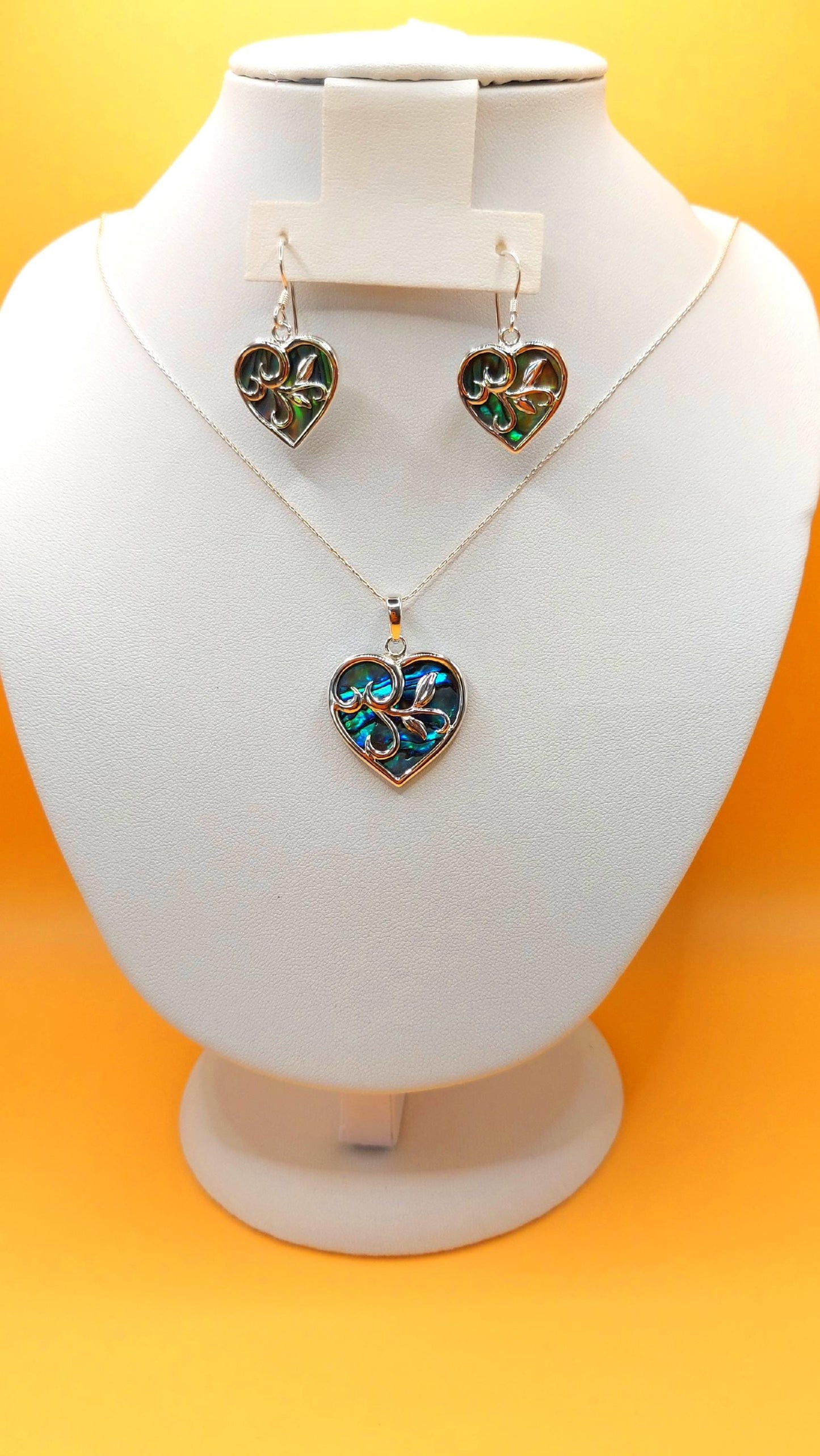 Silver Handmade Inlay Pendant/Earring Set Semi Precious Abalone Shell- Heart