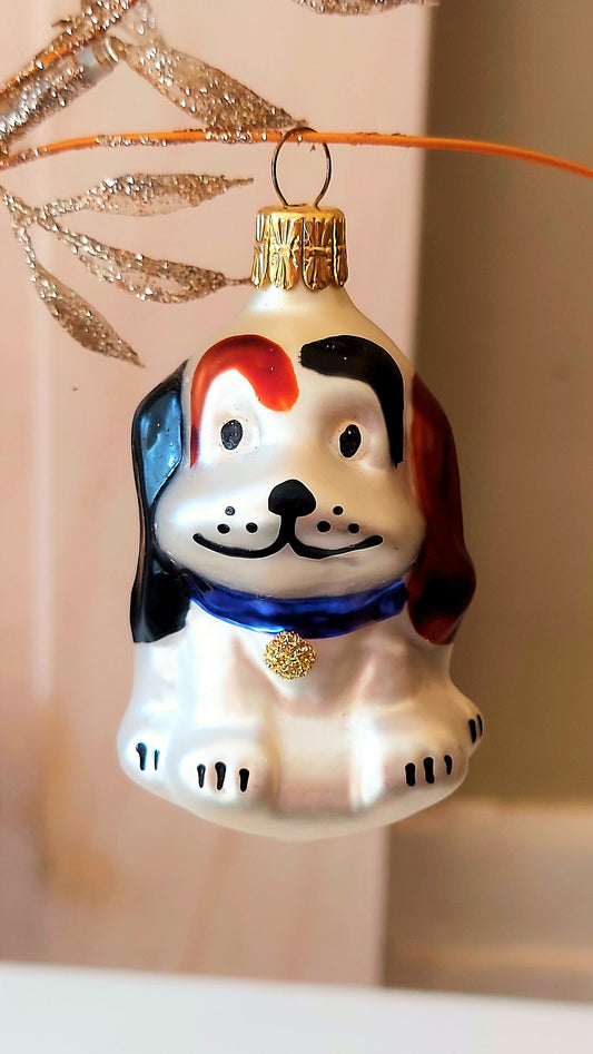 Vintage Czech Republic, Glass Blown, Hand Painted Christmas Tree Ornament - Dog