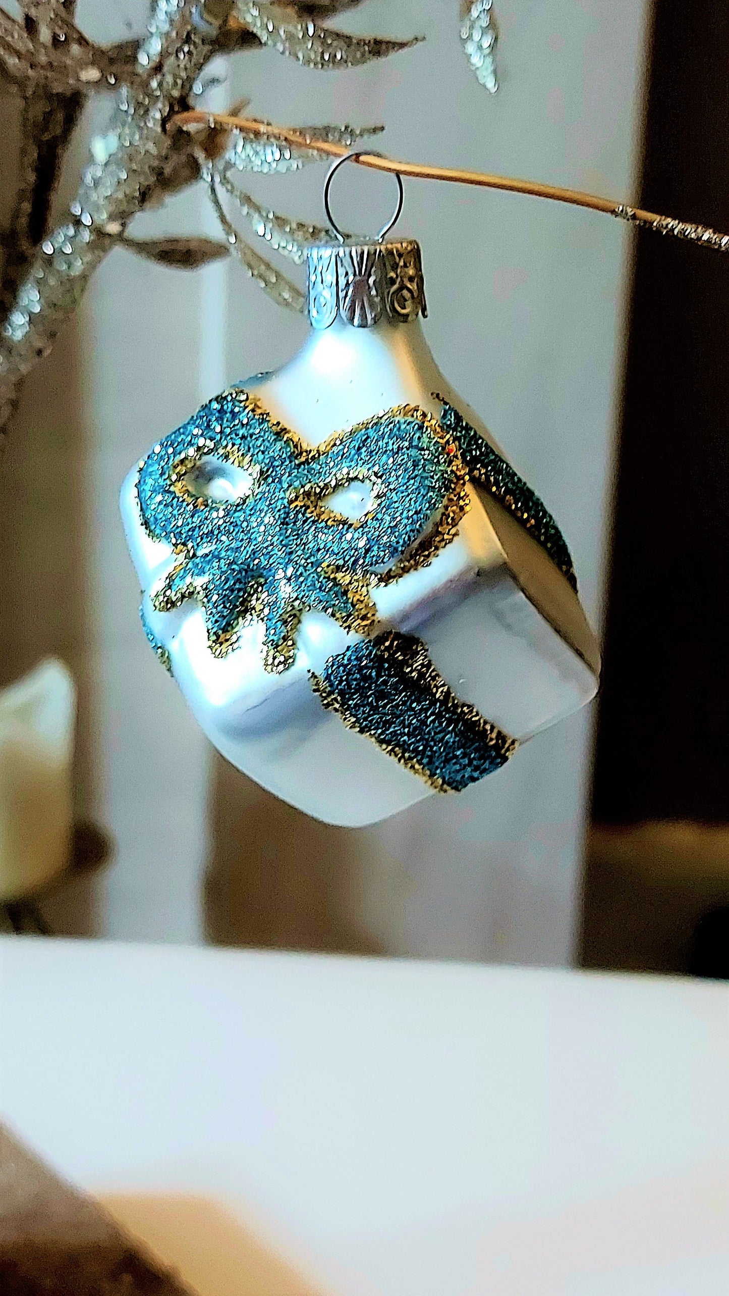 Vintage Czech Republic, Glass Blown, Hand Painted Christmas Tree Ornament - Present