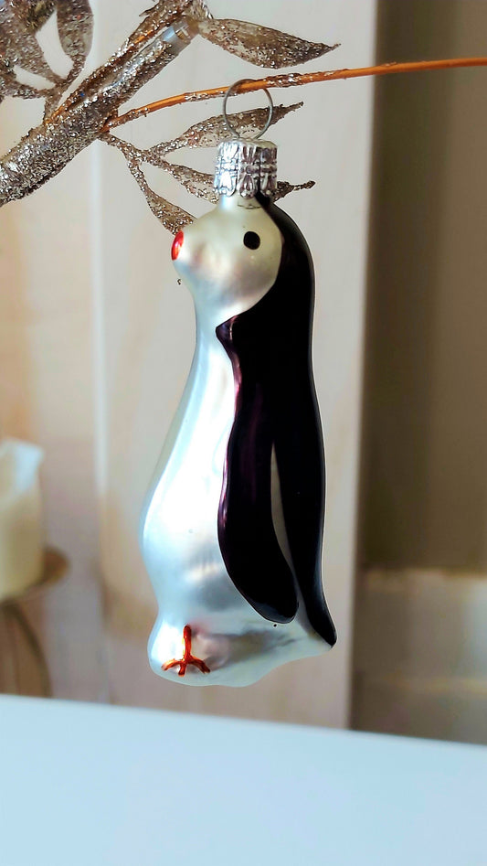 Vintage Czech Republic, Glass Blown, Hand Painted Christmas Tree Ornament - Penguin