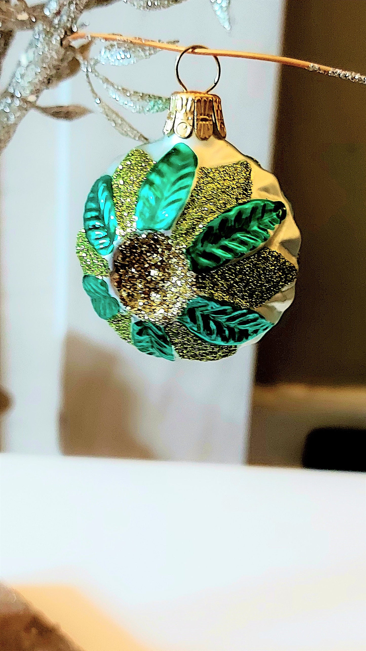 Vintage Czech Glass Christmas Ornament: Hand-Painted Leaf Balls (Pair)
