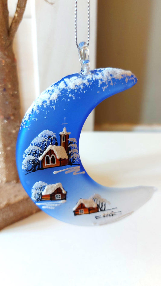 Vintage Hand Painted Glass Christmas Ornament: Czech Royal Blue Half Moon