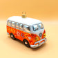 Vintage Czech Republic, Glass Blown, Hand Painted Christmas Tree Ornament - Orange Hippy Bus