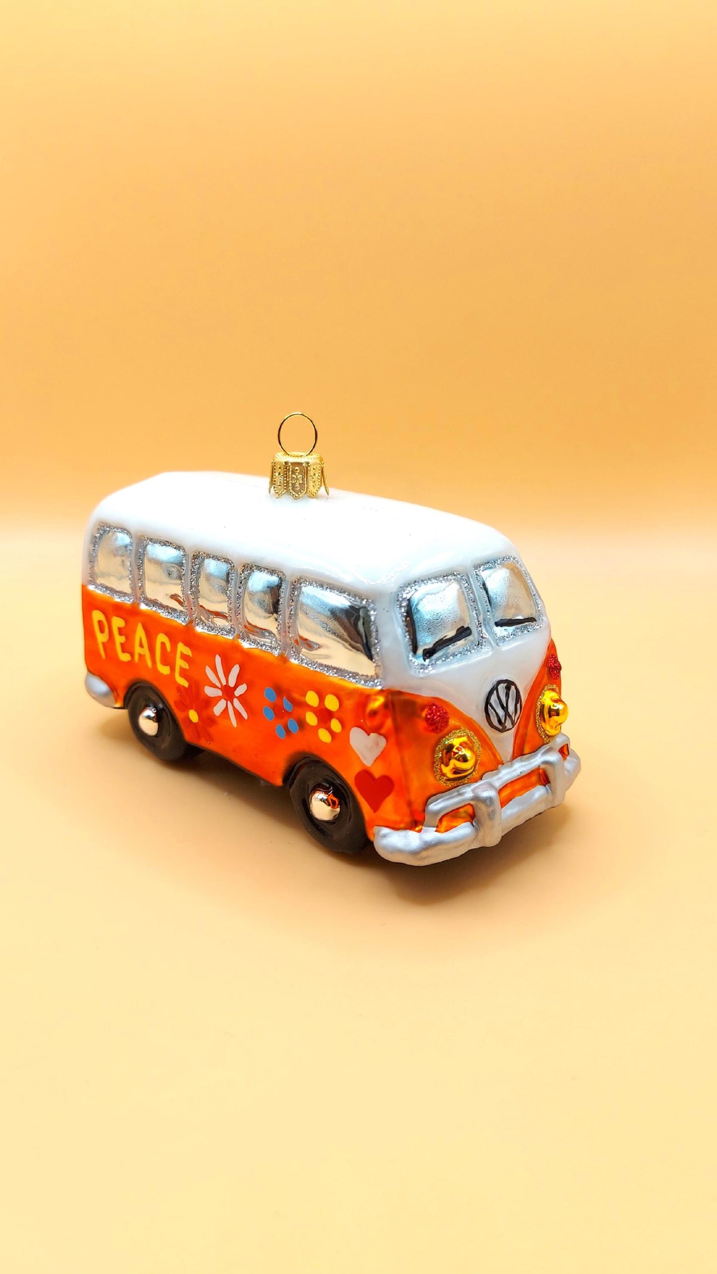 Vintage Czech Republic, Glass Blown, Hand Painted Christmas Tree Ornament - Orange Hippy Bus