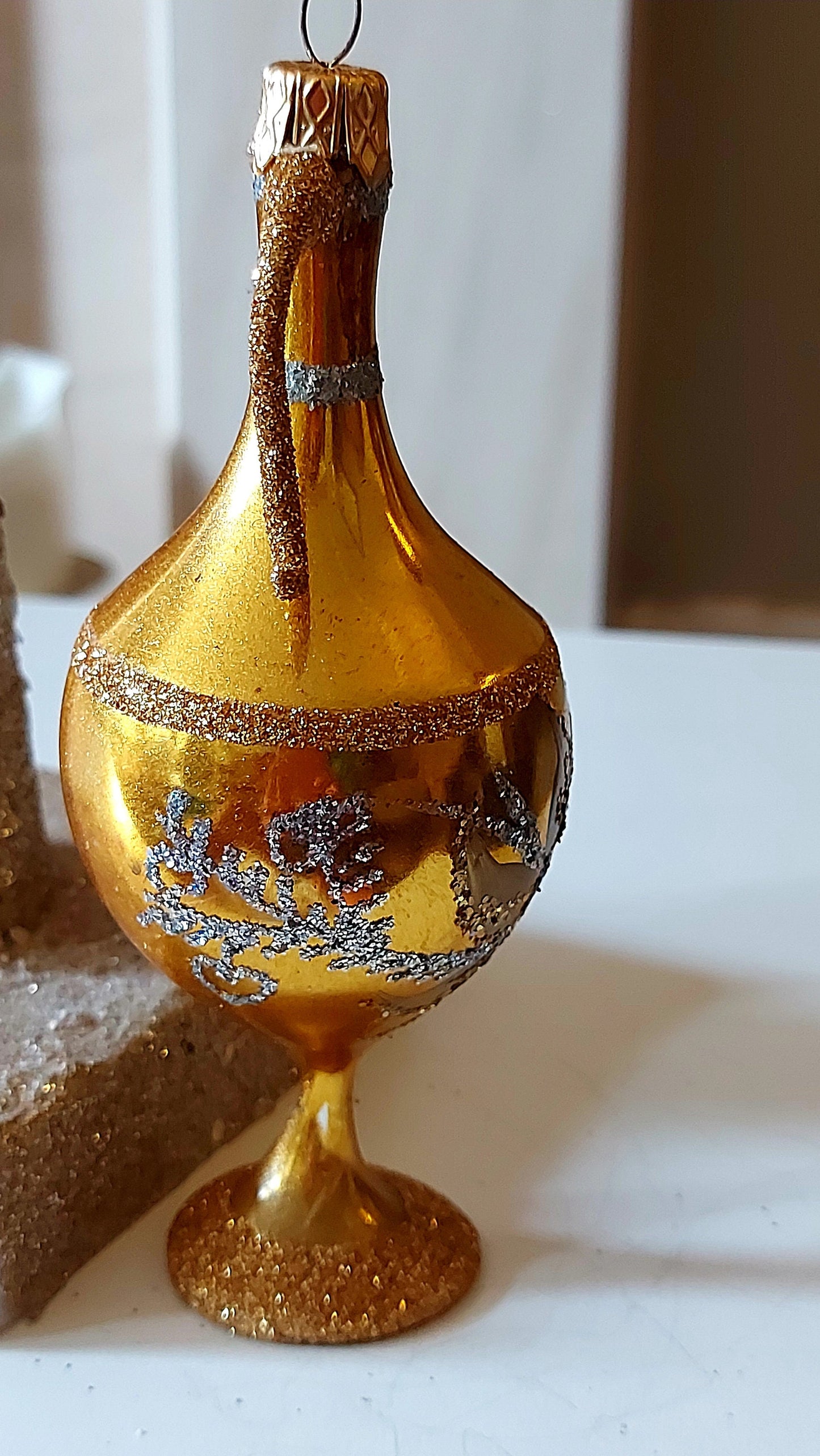 Vintage Czech Republic, Glass Blown, Hand Painted Christmas Tree Ornament - Genie Lamp gold/silver