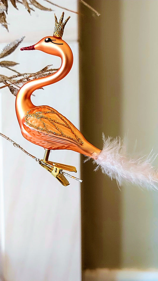 Vintage Czech Republic, Glass Blown, Hand Painted Christmas Tree Ornament - Swan with clip
