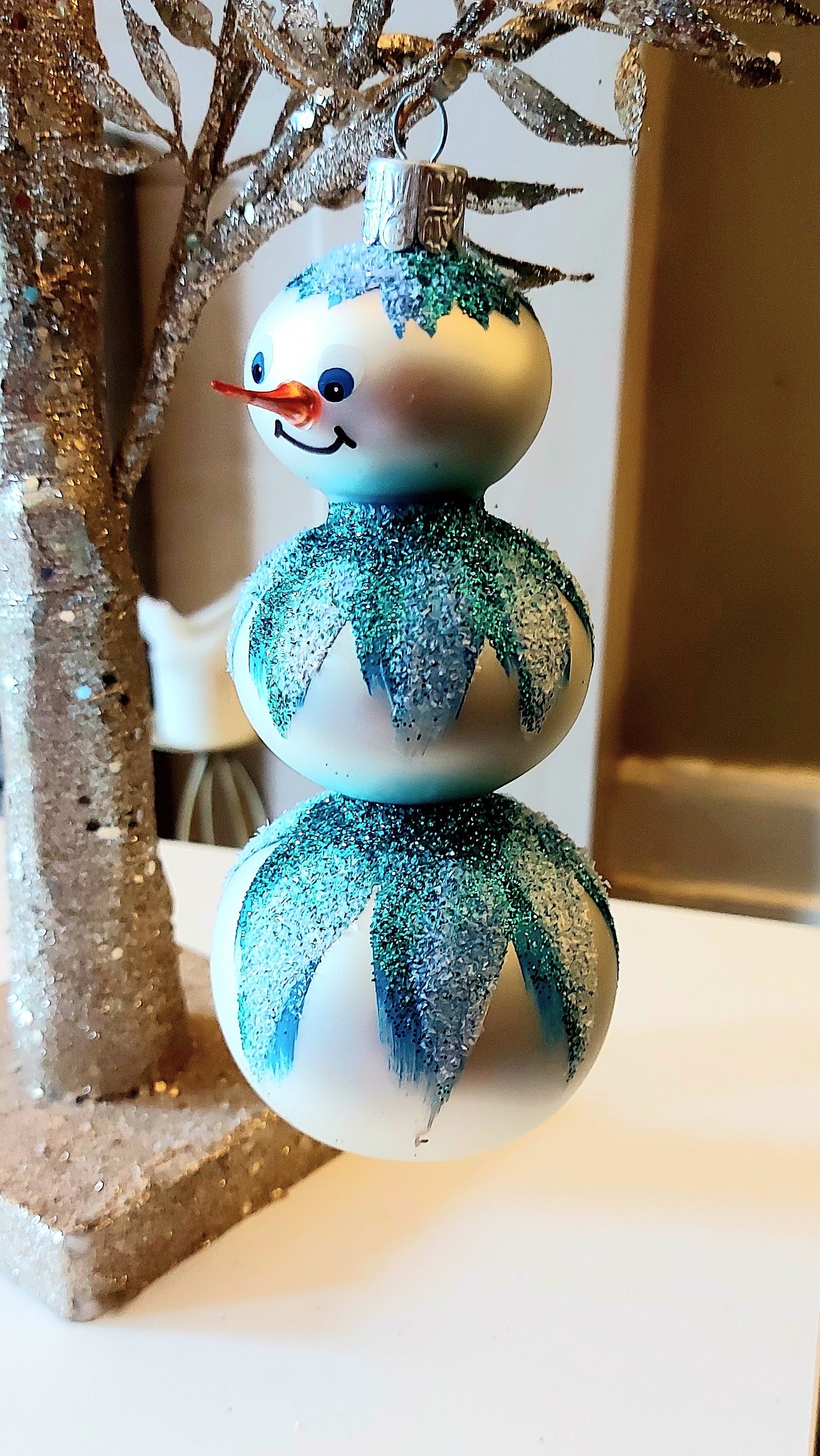 Vintage Czech Republic, Glass Blown, Hand Painted Christmas Tree Ornament - 3 Tier Snowman