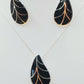 Silver Handmade Inlay Pendant/Earring Set Semi Precious Black Onyx- Black Leaf