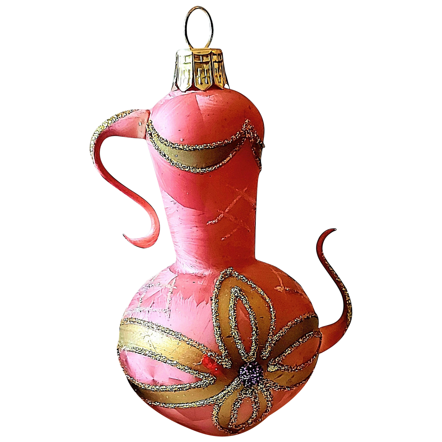 Czech Republic, Glass Blown, Hand Painted Christmas Tree Ornament - Genie Lamp Pink