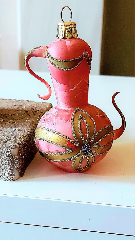 Vintage Czech Republic, Glass Blown, Hand Painted Christmas Tree Ornament - Genie Lamp Pink