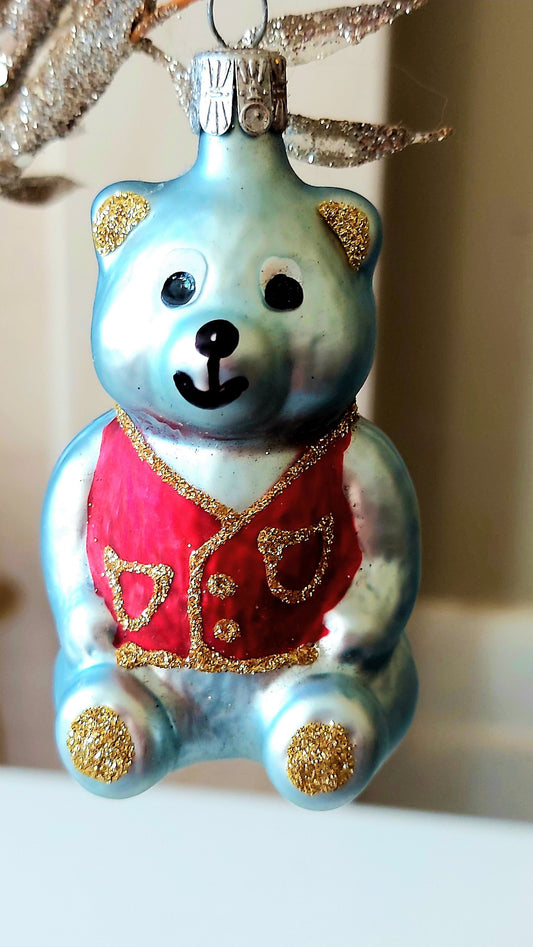 Vintage Czech Republic, Glass Blown, Hand Painted Christmas Tree Ornament - Teddy a pair ( x 2 )