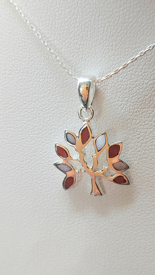 Silver Handmade Inlay Pendant Semi Precious Natural Shell- Tree