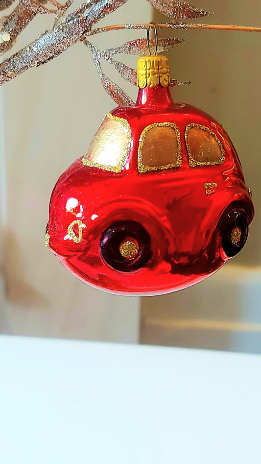 Vintage Czech Republic, Glass Blown, Hand Painted Christmas Tree Ornament - Car