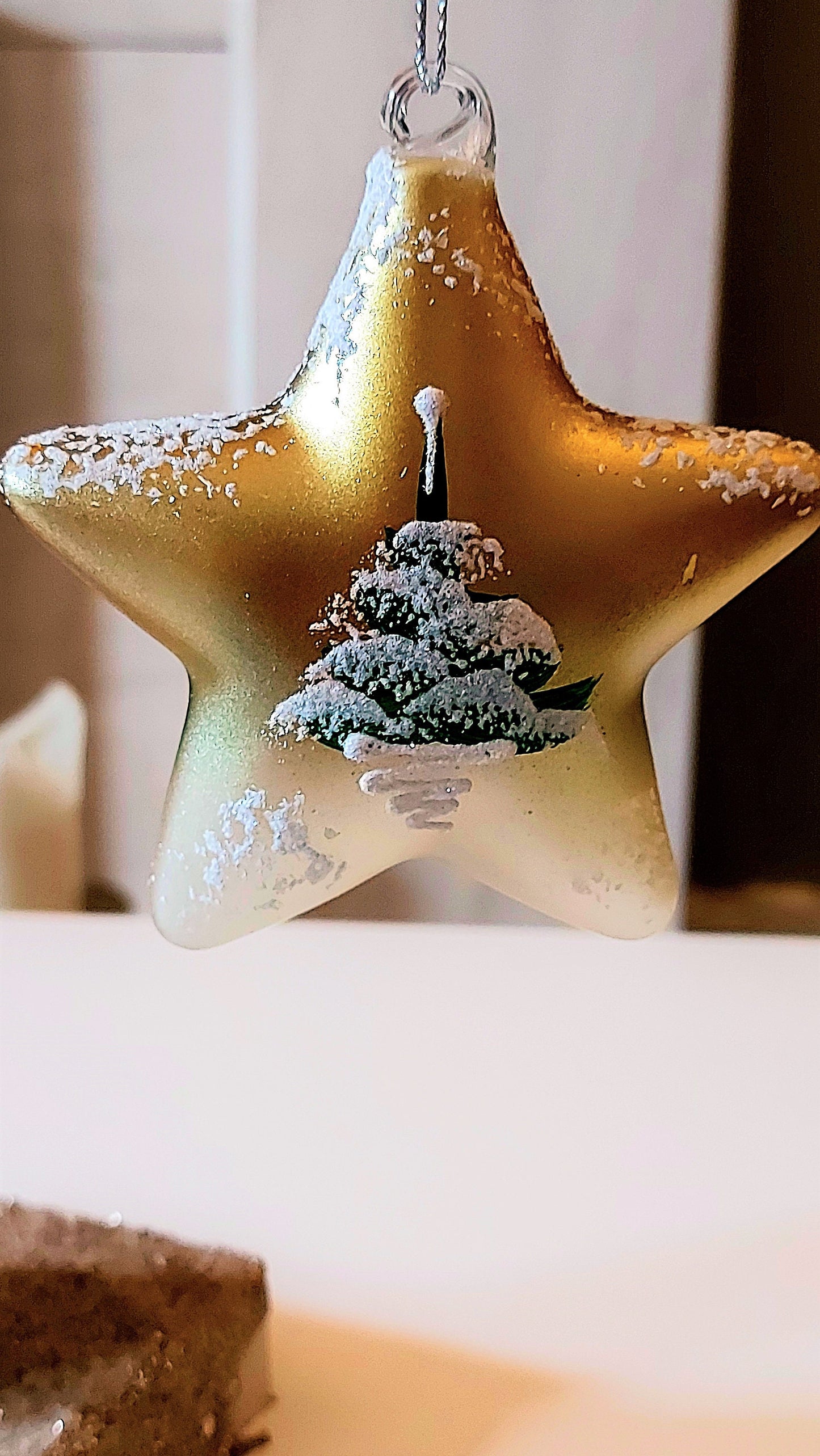 Vintage Czech Glass Christmas Ornament: Hand-Painted Gold Star, House Motif