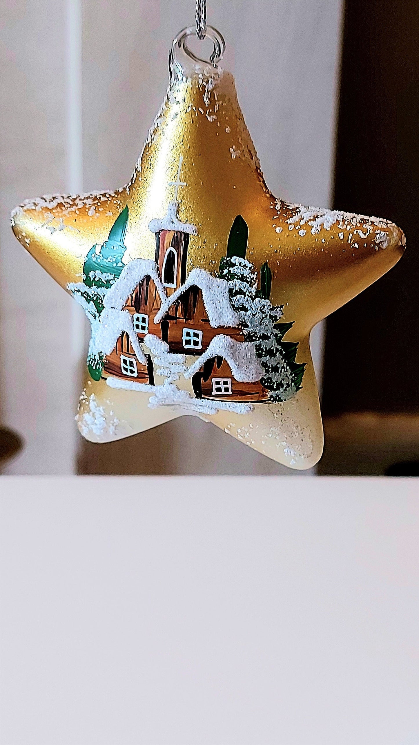 Vintage Czech Glass Christmas Ornament: Hand-Painted Gold Star, House Motif