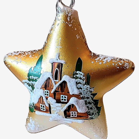 Vintage Czech Glass Christmas Ornament: Hand-Painted Gold Star, House Motif
