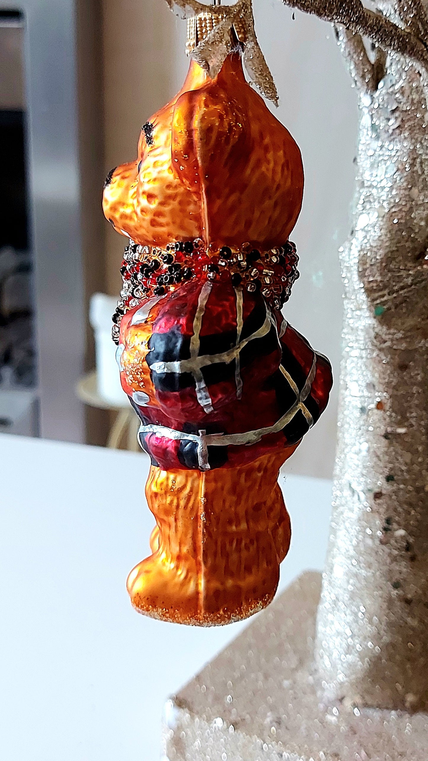 Vintage Czech Republic, Glass Blown, Hand Painted Christmas Tree Ornament - Large Teddy Bear