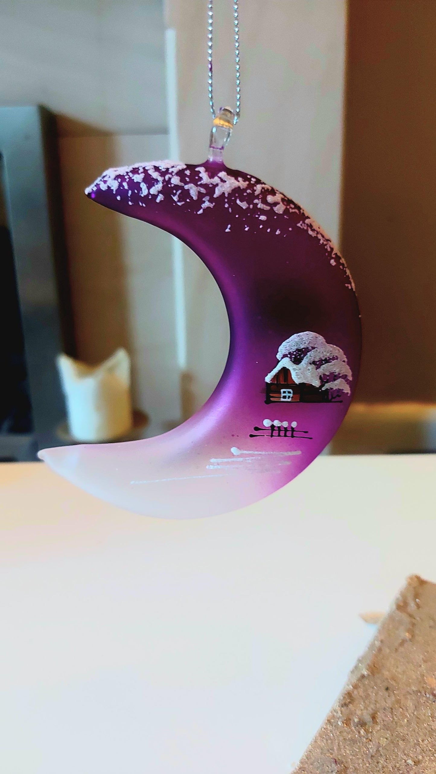 Vintage Czech Glass Christmas Ornament: Hand-Painted Purple Half Moon