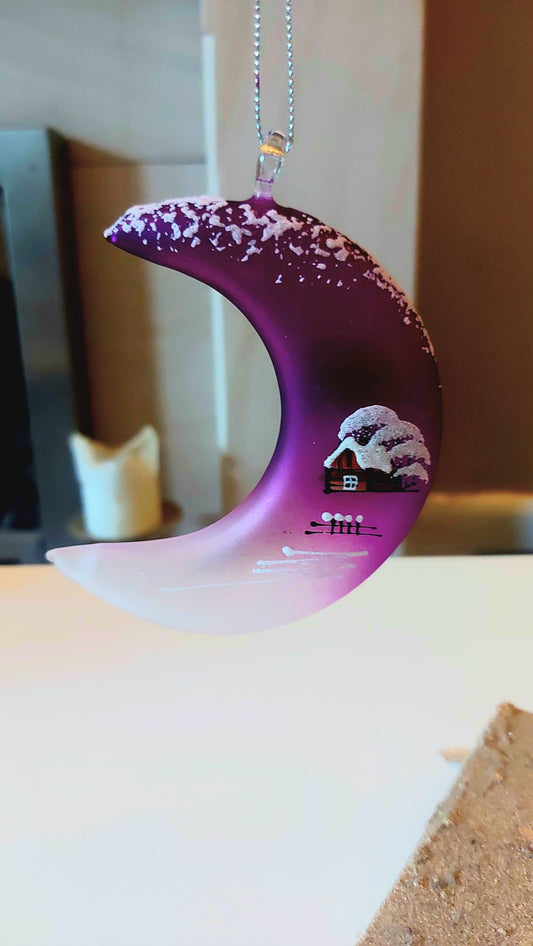 Vintage Czech Glass Christmas Ornament: Hand-Painted Purple Half Moon