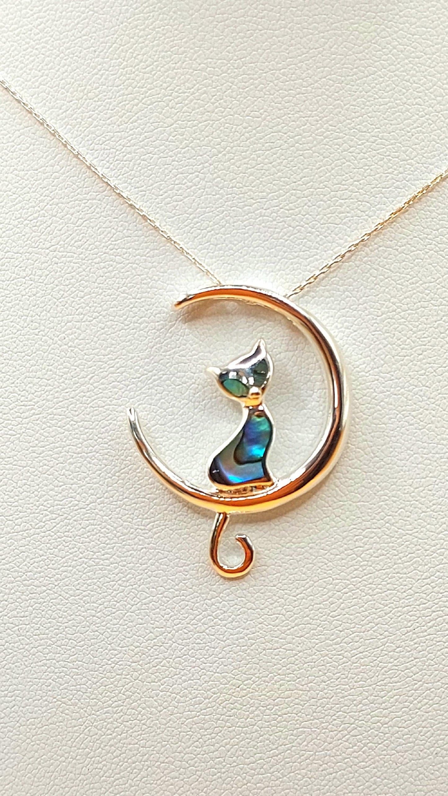 Silver Handmade Inlay Pendant Semi Precious Abalone Shell- Cat on Moon