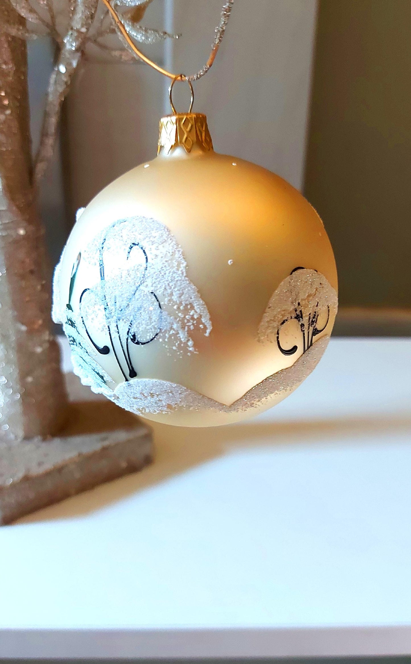 Vintage Czech Glass Christmas Ornament: Hand-Painted Gold large Ball