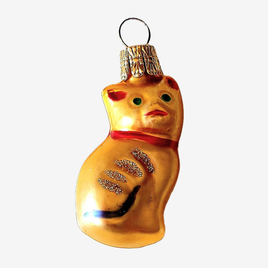 Vintage Czech Hand-Painted Glass Yellow Cat Christmas Ornament (Pair)