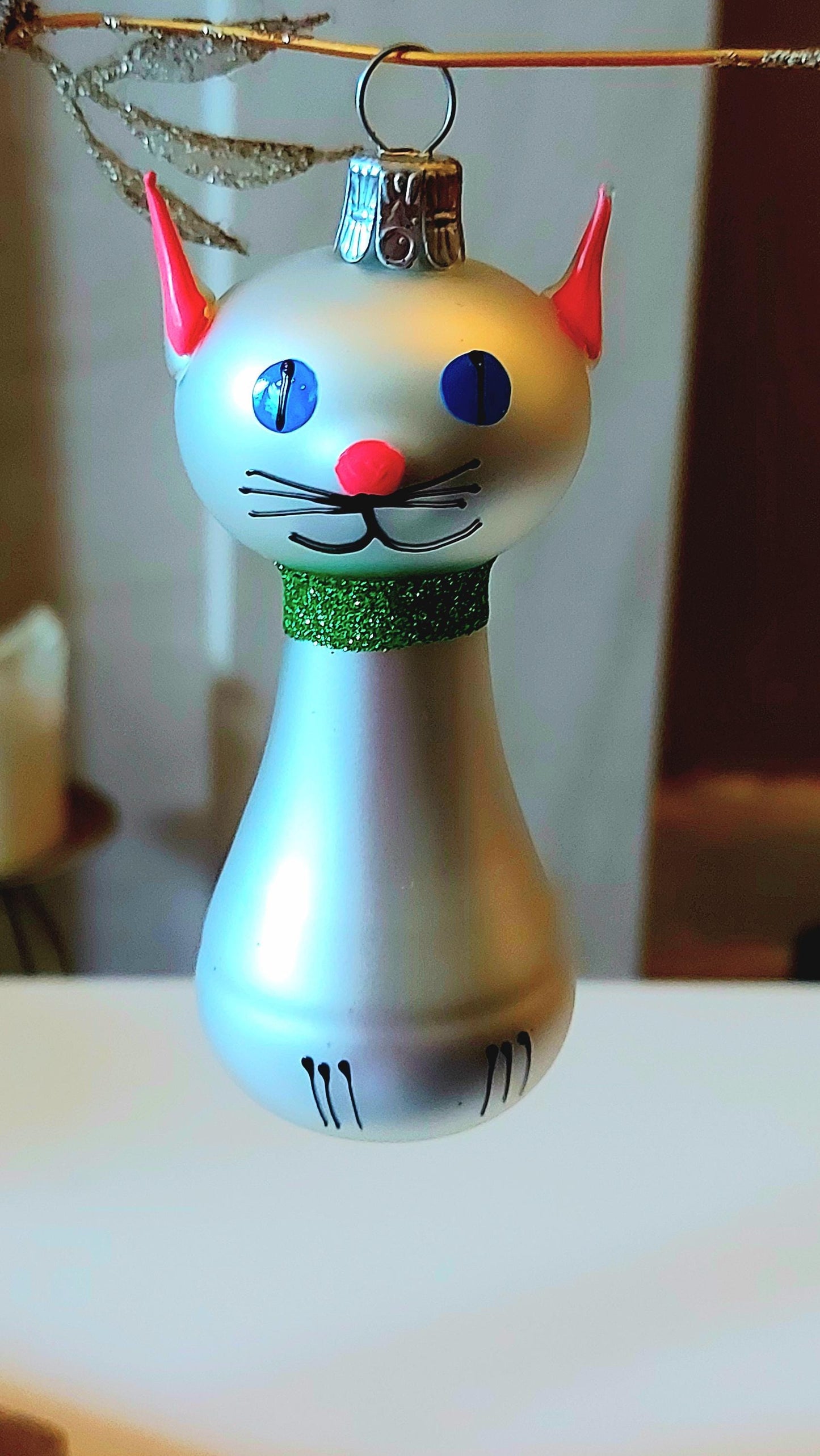 Vintage Czech Republic, Glass Blown, Hand Painted Christmas Tree Ornament - Silver Cat