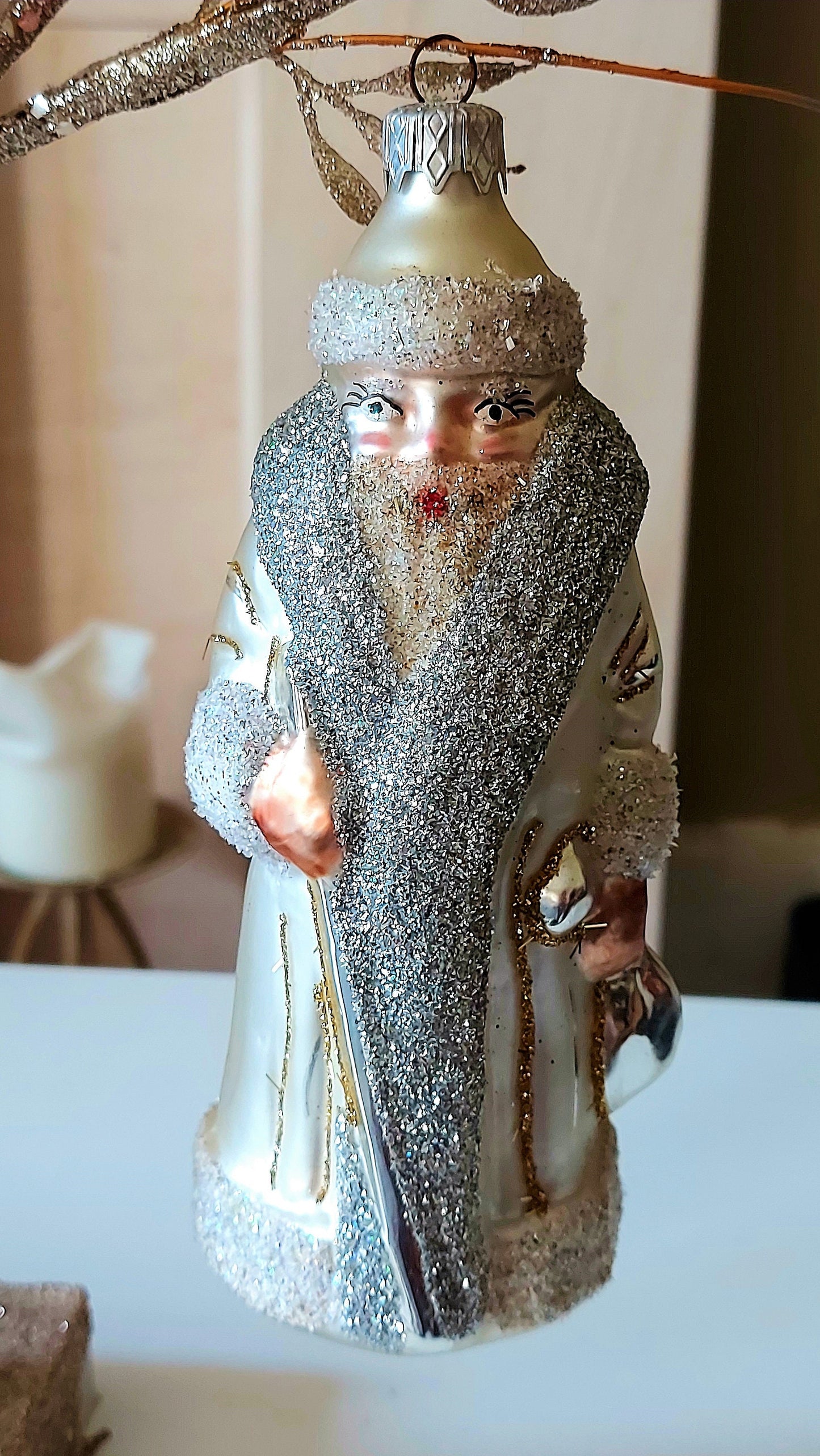 Vintage Czech Republic, Glass Blown, Hand Painted Christmas Tree Ornament - Large Santa Silver/Gold