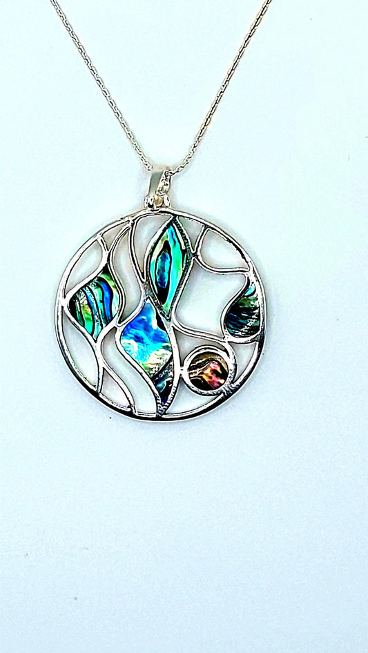 Silver Handmade Inlay Pendant Semi Precious Abalone Shell- Multi