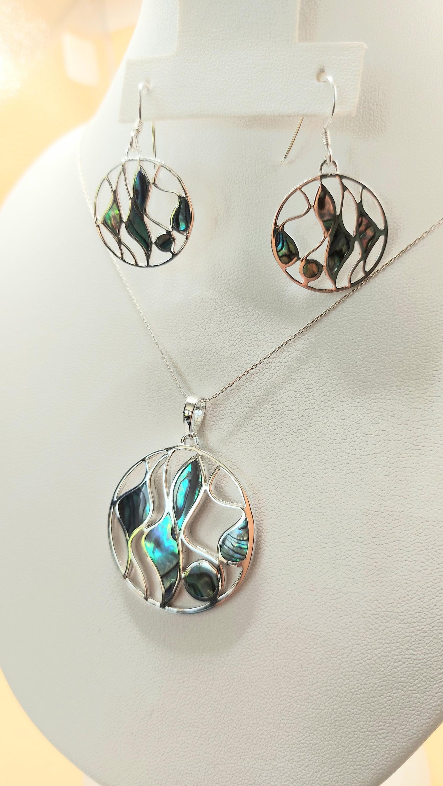 Silver Handmade Inlay Pendant/Earring Set Semi Precious Abalone Shell- Multi