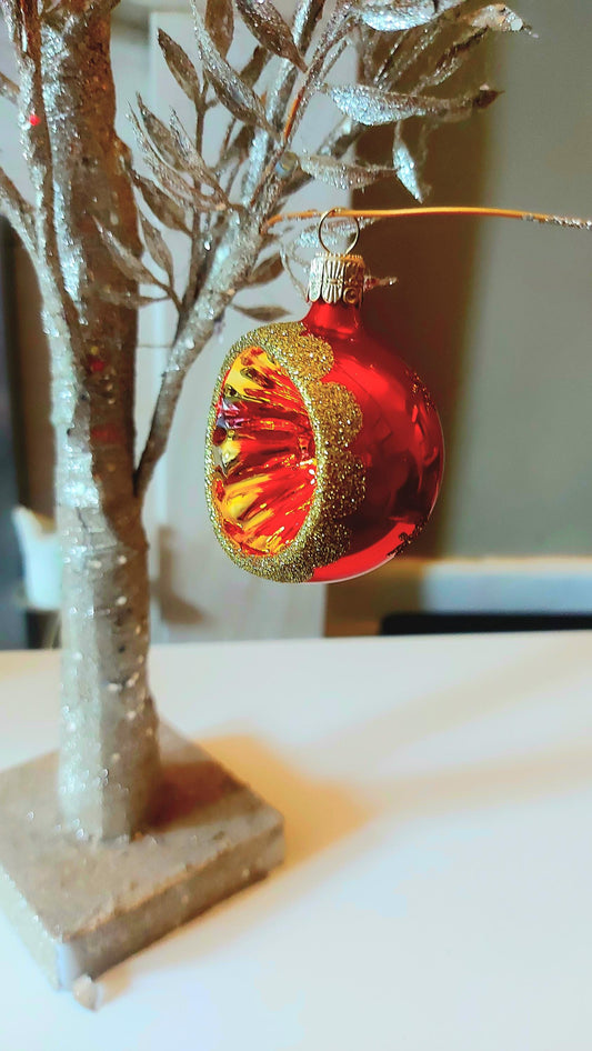 Vintage Czech Republic, Glass Blown, Hand Painted Christmas Tree Ornament - Red Retro Balls